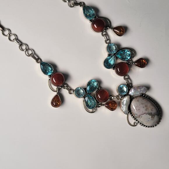 Sterling Silver Gemstone Necklace With Blue Topaz, Carnelian, Amber, And Pearls - Picture 6 of 10